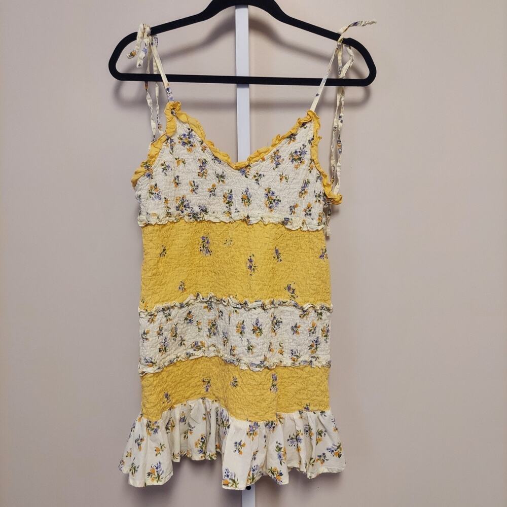 ASOS DESIGN Yellow Floral Smocked Tiered Ruffle Tie Strap Sun Top US 6‎